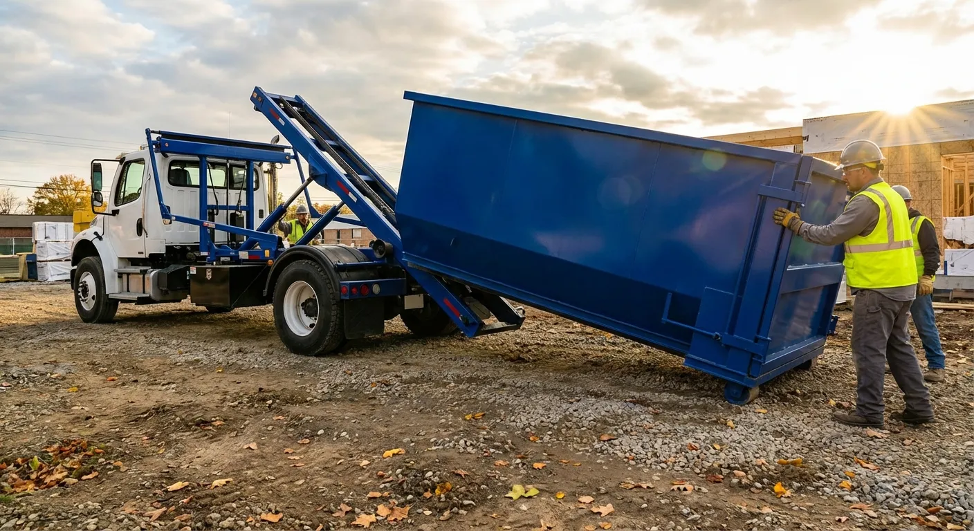 Construction dumpster delivery truck at job site in Waterbury, CT