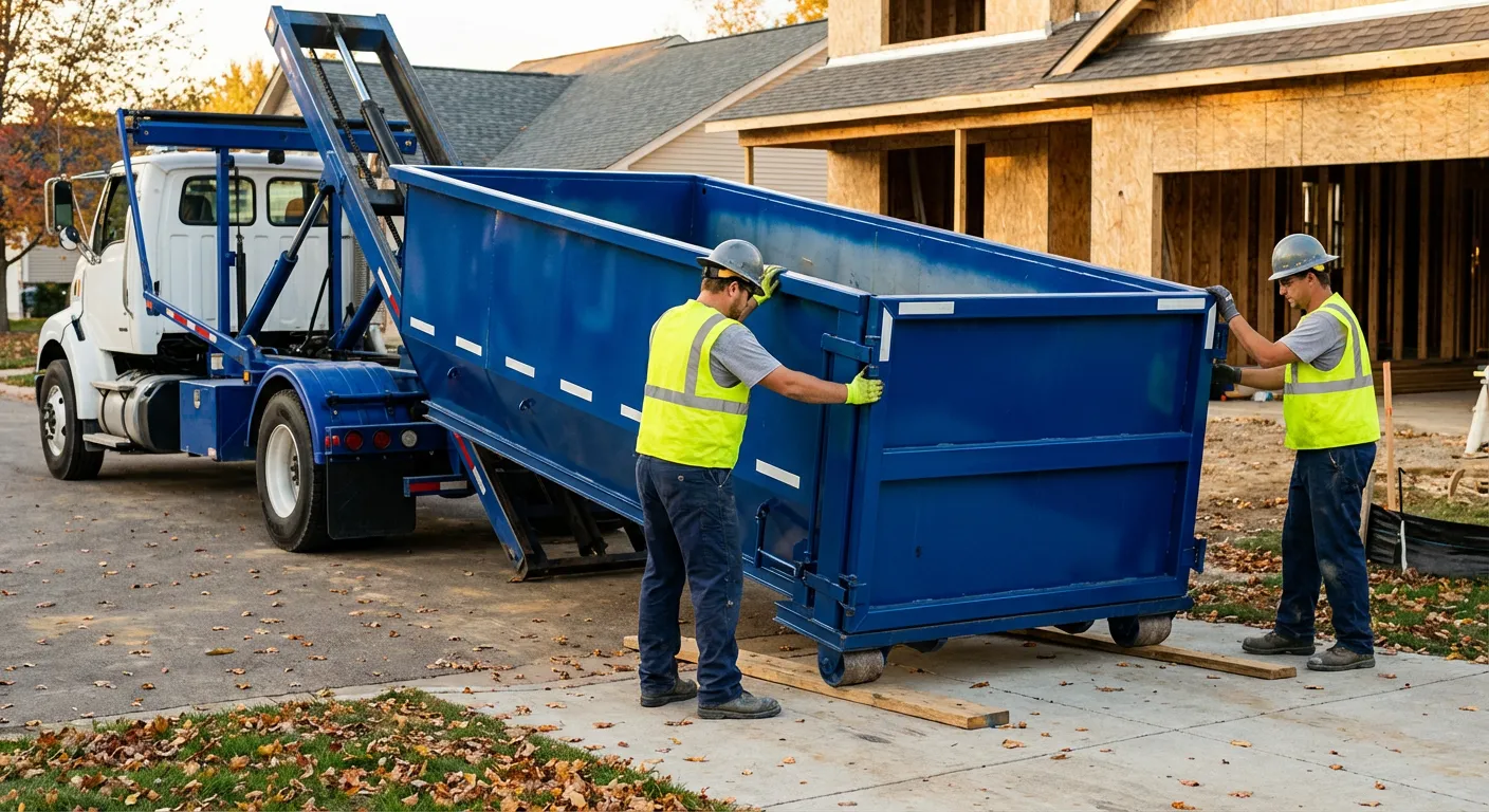 Roll-off dumpster delivery truck in residential area in Waterbury, CT