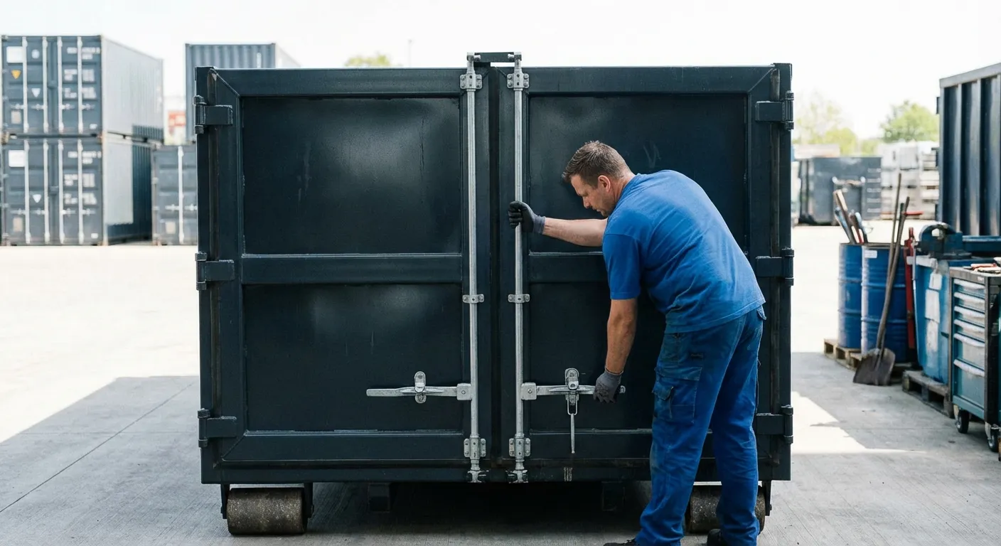 Dumpster walk-in loading door open showing easy access in Waterbury, CT