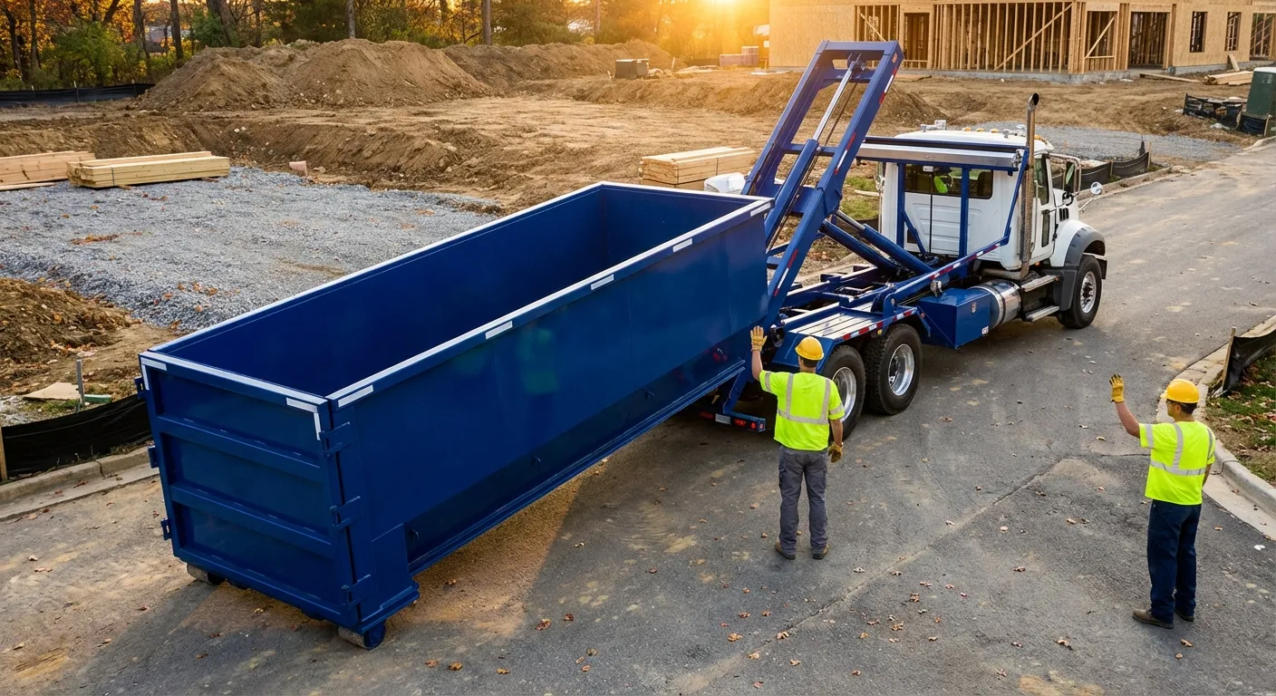Construction dumpster delivery truck in Waterbury, CT