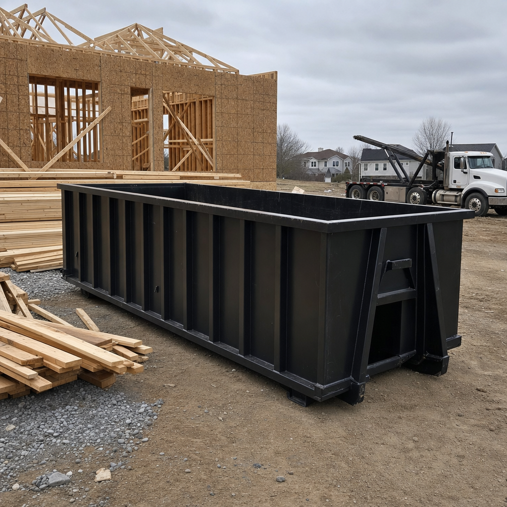 Matte-black 40-yard roll-off dumpster staged on a framed-out residential construction site in Waterbury, framing lumber stacked nearby, hooklift delivery truck visible in the background under bright Colorado daylight