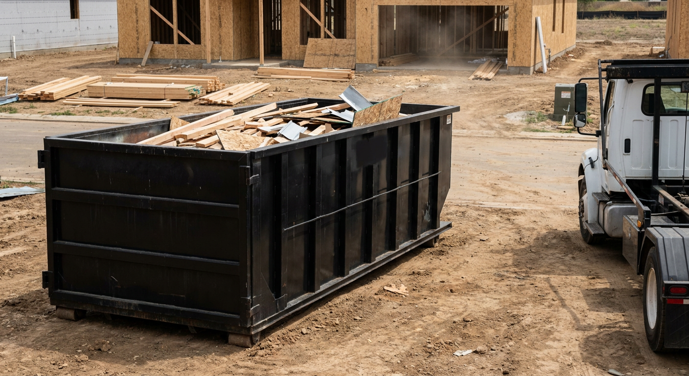 Matte-black 20-yard roll-off construction dumpster with heavy ribbed steel sidewalls and swing rear doors at a working jobsite in Waterbury, sitting directly on compacted dirt with an unmarked white hauler partially visible at the far edge of the frame.