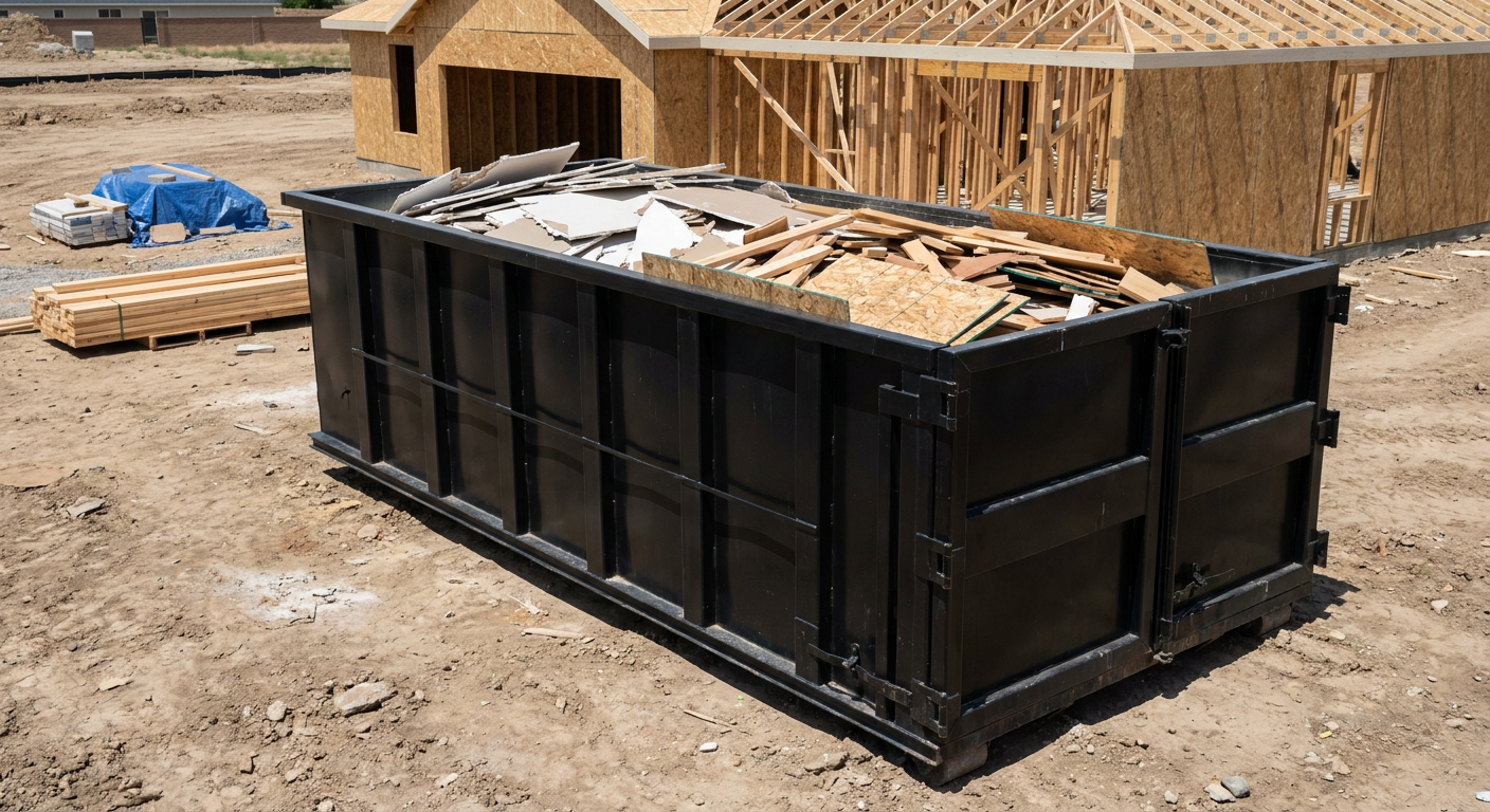 Matte-black 30-yard roll-off construction dumpster sitting directly on the compacted-dirt site of a framed single-family home build in Waterbury, drywall and lumber scrap loaded inside.