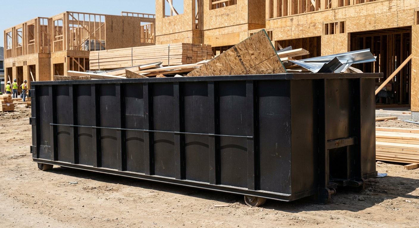 Matte-black 40-yard roll-off construction dumpster being lowered from a white-cab hooklift delivery truck onto the compacted-dirt jobsite at a commercial build site in Waterbury