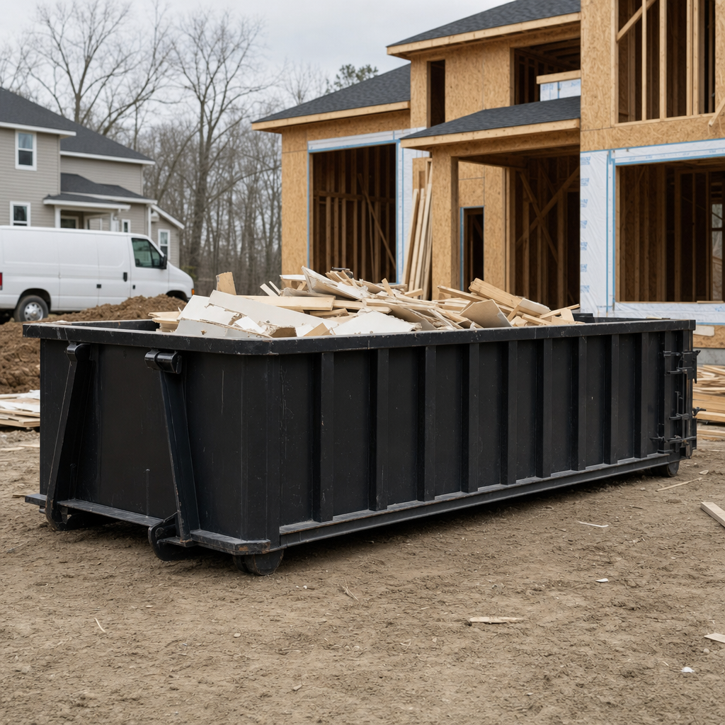 Worker in a yellow high-visibility vest tossing framing lumber and broken drywall into a matte-black 30-yard construction roll-off dumpster on an active build site in Waterbury, bright daylight