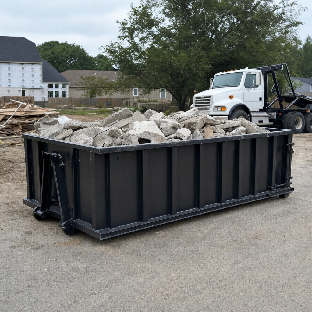 Low-profile matte-black lowboy roll-off dumpster loaded with broken concrete slab and rebar at a foundation tear-out in Waterbury, skid steer parked beside it, sunny Colorado morning