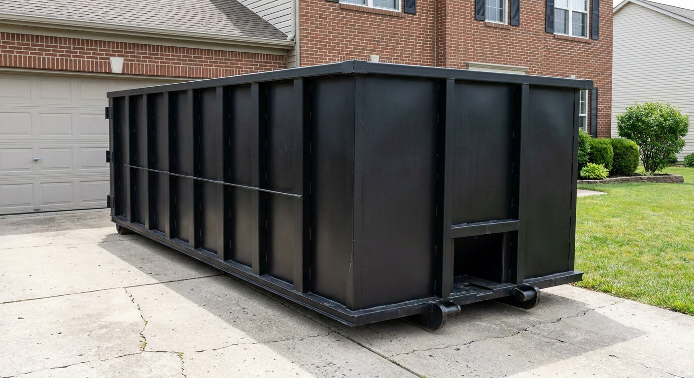 Matte-black 20-yard roll-off container on a Waterbury residential concrete driveway with reinforced ribbed steel sidewalls and a hinged rear walk-in door, clean bright daylight.
