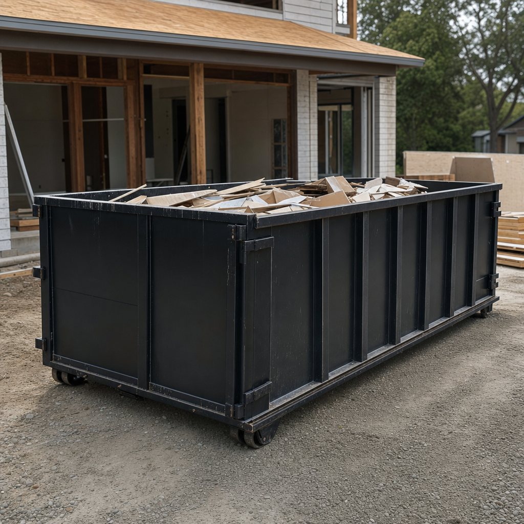 Large matte-black 30-yard construction roll-off dumpster at an active Waterbury jobsite, steel-gray top rails and bottom rollers visible, loaded with construction debris.