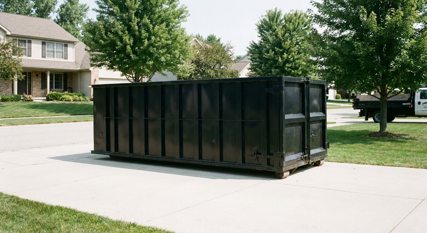 Matte-black 20-yard roll-off dumpster sitting level on a clean Waterbury residential concrete driveway under bright daylight, demonstrating clean placement directly on the concrete.