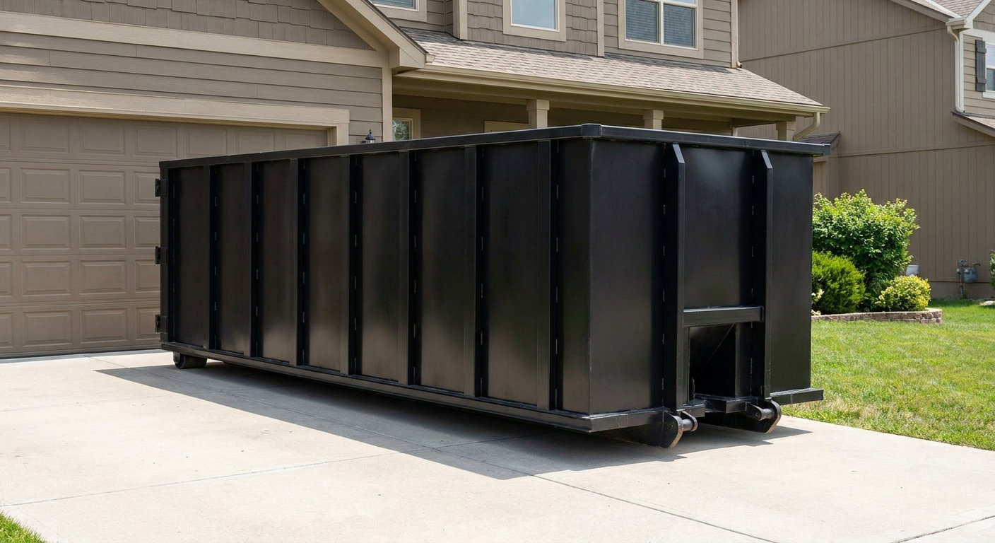 Matte-black residential roll-off dumpster sitting directly on a suburban Waterbury concrete driveway, garage door closed, single-family home in background, bright morning daylight.
