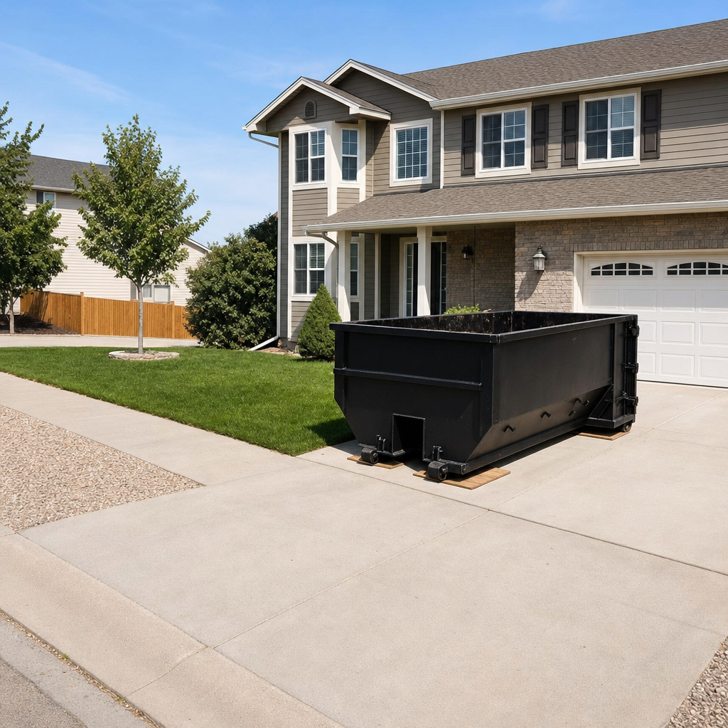 10-yard matte-black residential dumpster placed directly on a narrow Waterbury concrete driveway, room remains for a parked sedan beside it, mid-morning natural light