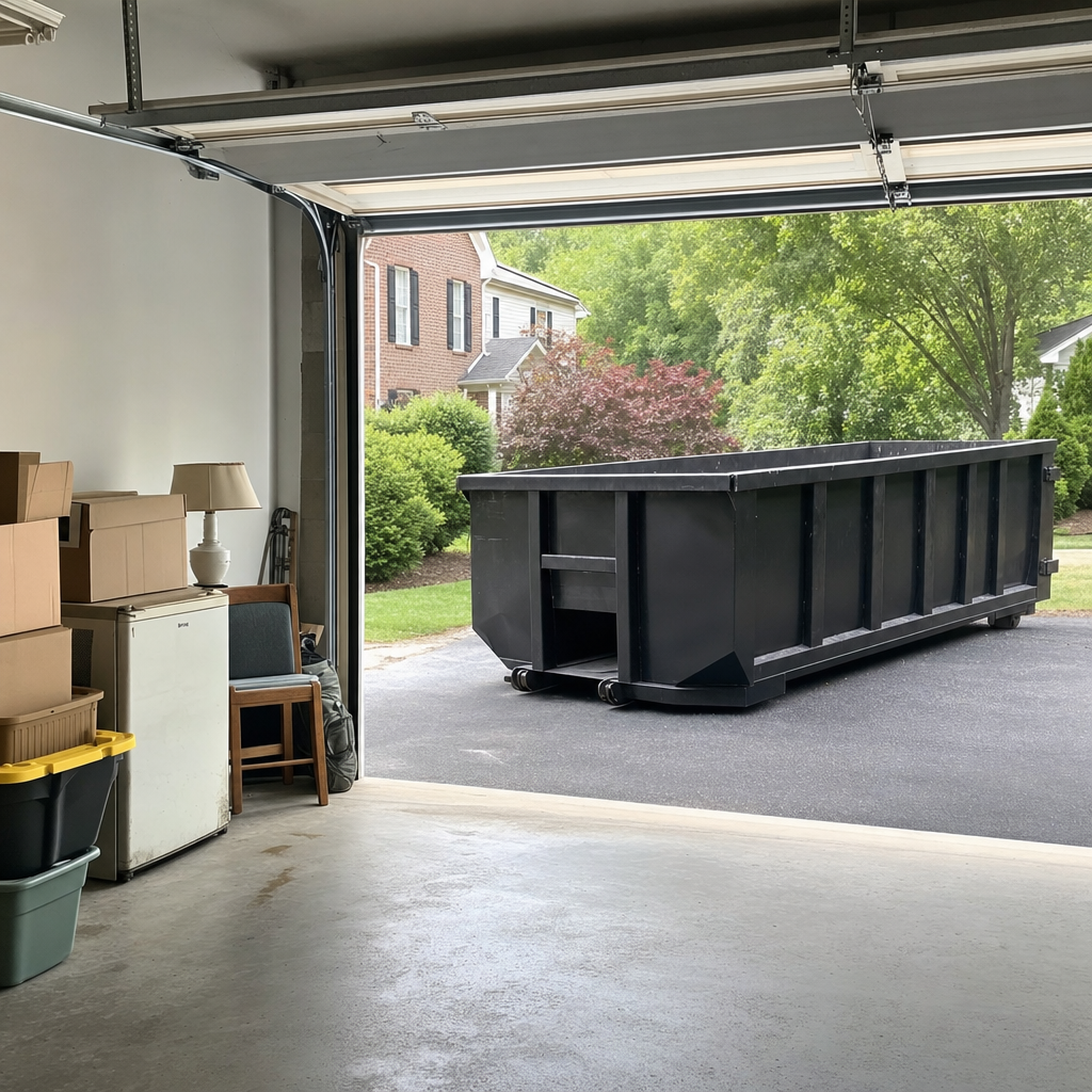 Open garage interior in a Waterbury home mid-cleanout — boxed items, an old appliance, and stacked yard tools queued near the driveway for a matte-black roll-off dumpster, organized and calm