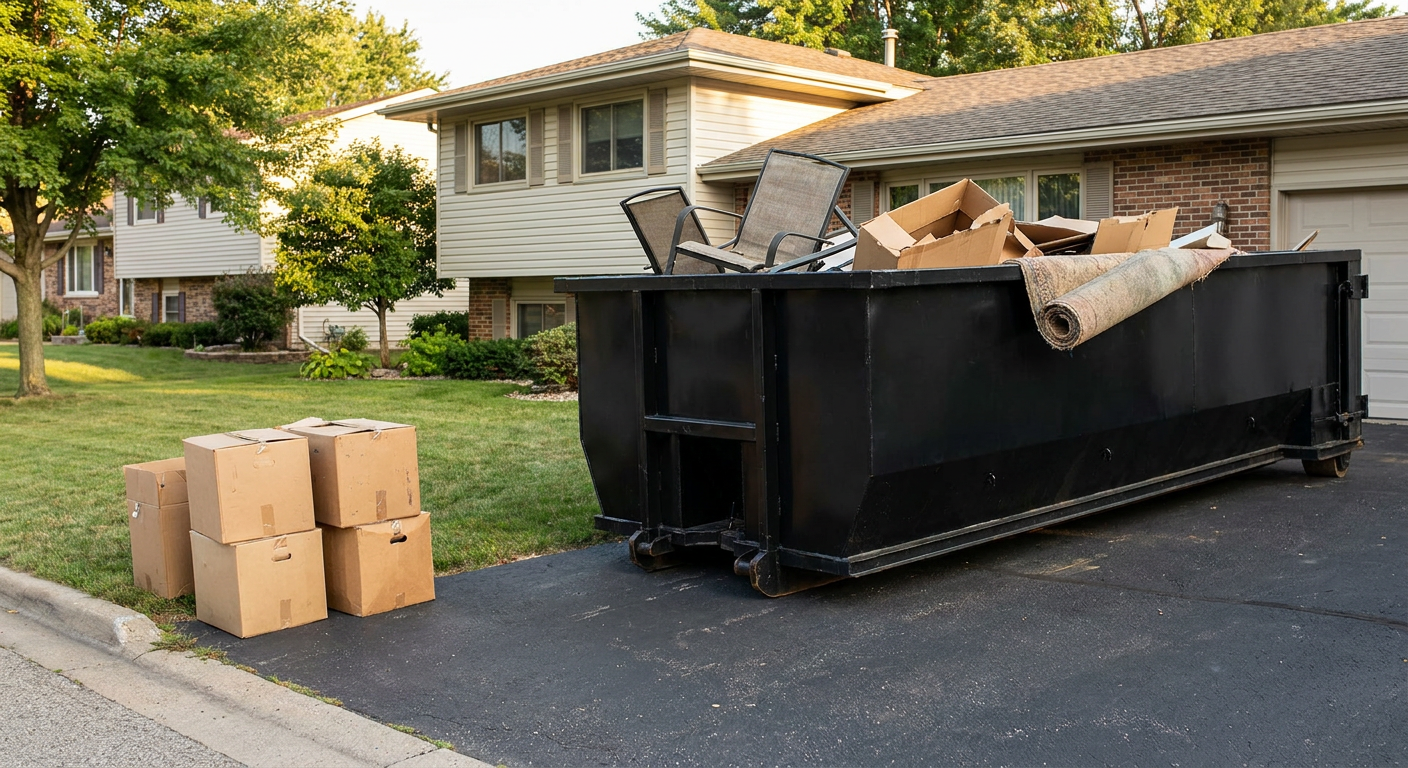 Front-yard view of a Waterbury split-level home with a 20-yard matte-black roll-off dumpster sitting directly on the asphalt driveway, a few clearly labeled donation boxes staged at the curb, calm sunny afternoon.