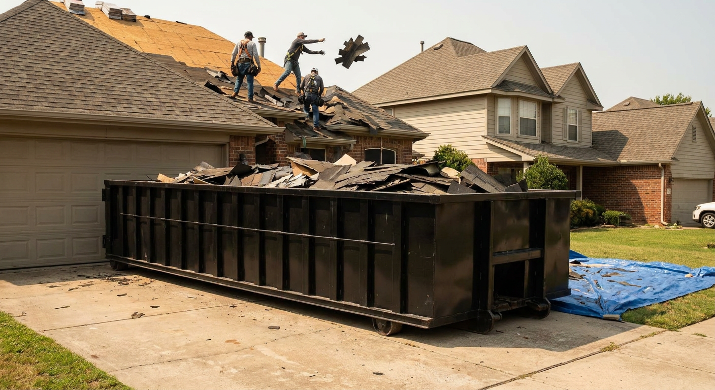 Matte-black roofing roll-off dumpster placed directly on a Waterbury residential concrete driveway, a tear-off crew on a two-story asphalt-shingle roof tossing shingle bundles into the low-walled container, bright daylight, documentary 35mm perspective.