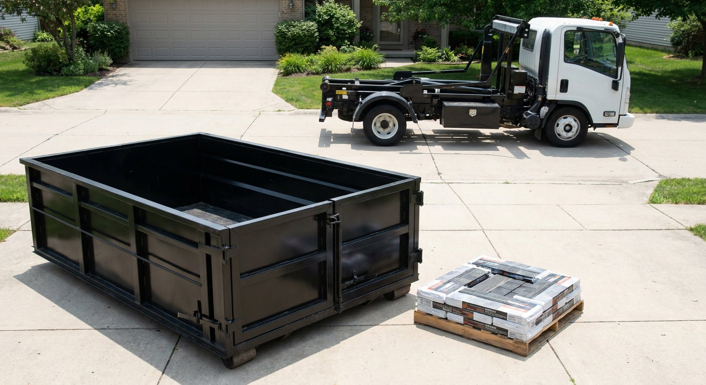 Matte-black 15-yard roofing roll-off dumpster with reinforced low side walls sitting directly on a Waterbury residential concrete driveway, three-tab asphalt shingle bundles stacked nearby, an unmarked white hauler truck partially visible at the edge of the frame.