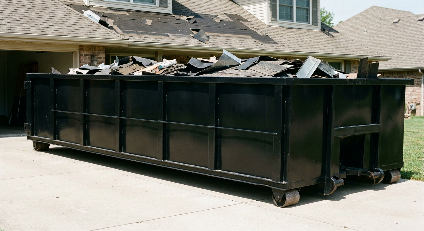 Matte-black 20-yard roofing roll-off dumpster with steel ribbed sides and swinging rear door, sitting directly on the concrete driveway of a two-story Waterbury home, asphalt shingle debris being loaded over the low wall, clean documentary lighting.