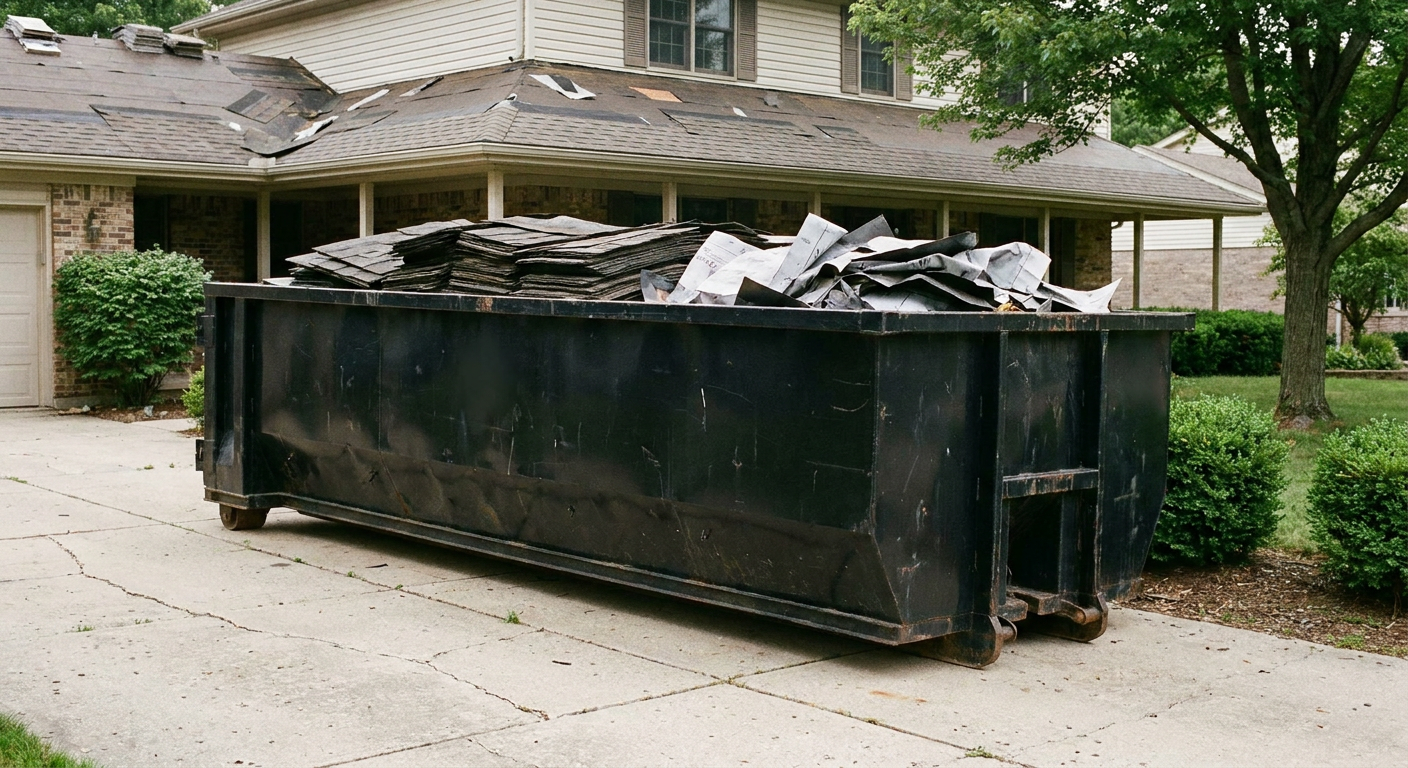 Matte-black 30-yard roofing roll-off dumpster sitting directly on a Waterbury concrete driveway, taller ribbed steel side panels, mixed tear-off debris of asphalt shingles and underlayment inside, professional documentary daylight.