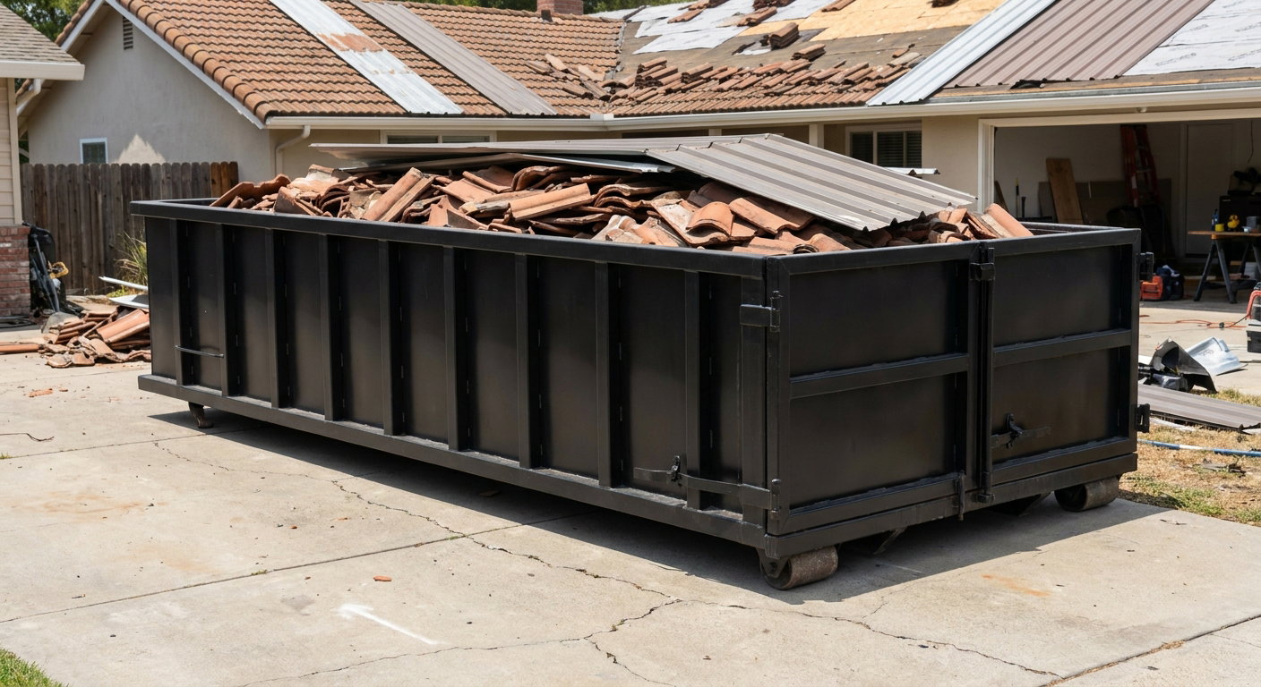 Matte-black low-wall heavy-debris roofing roll-off dumpster sitting directly on a Waterbury concrete driveway, broken concrete clay roof tiles and metal panel sections loaded inside, reinforced ribbed steel side walls visible, bright outdoor daylight.