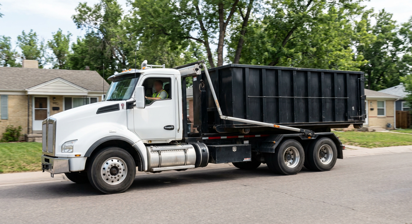 A wide documentary shot of a matte-black roll-off delivery truck pulling onto a quiet Waterbury residential street at mid-morning, with neighborhood rooftops and tree-lined blocks visible behind, showing the metro coverage footprint.