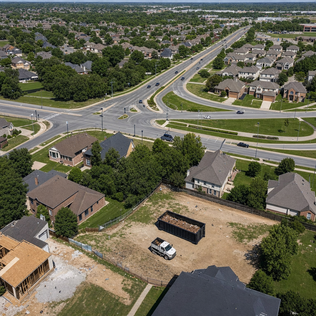 An overhead documentary view of the Waterbury metro area at midday, showing the spread of neighborhoods, arterial roads, and the dispatch radius from a central yard — clean daylight, organized geographic layout.