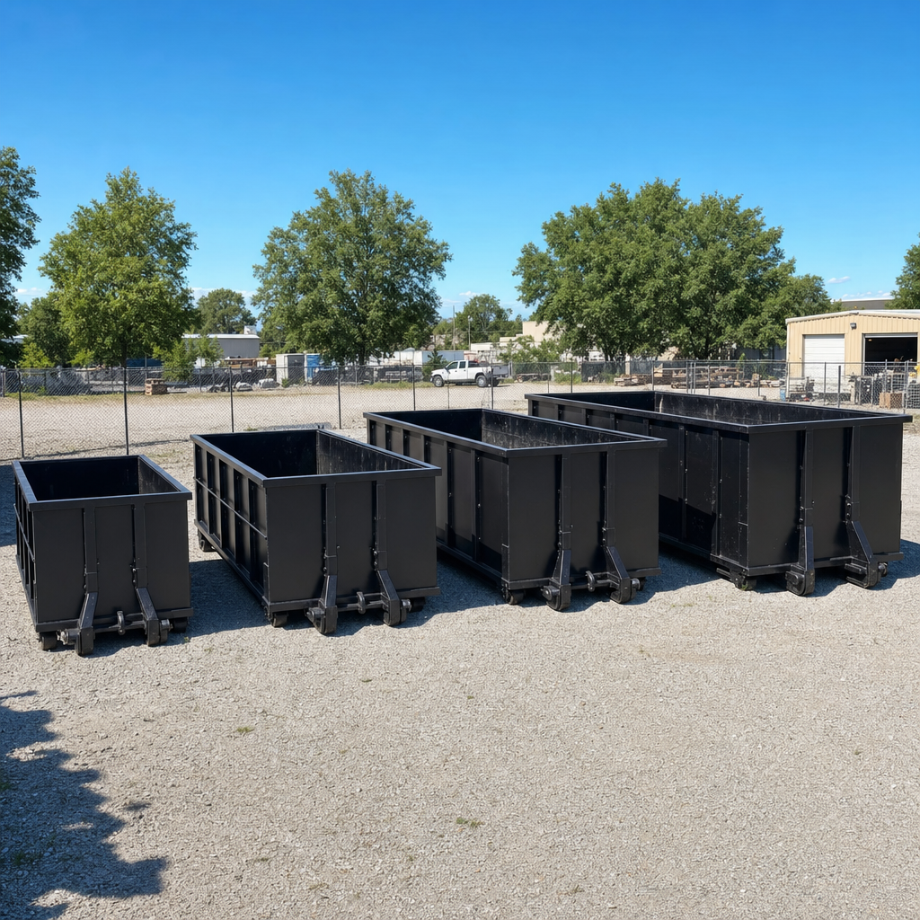 A clean lineup of matte-black roll-off dumpsters in 10, 20, 30, and 40-yard sizes staged on a sunlit gravel yard in Waterbury, showing the size progression from compact to commercial-scale containers.