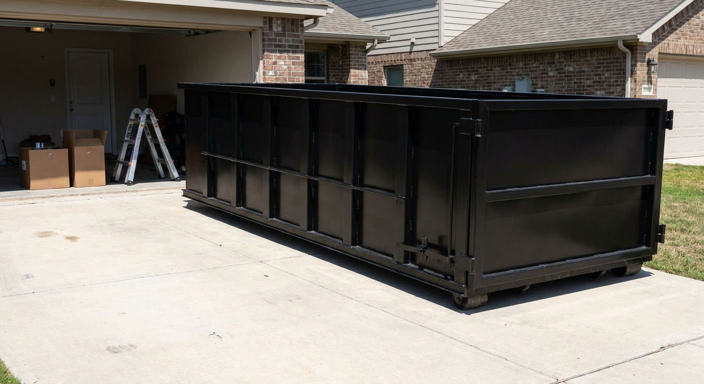 A matte-black 10-yard roll-off dumpster sitting directly on a residential Waterbury concrete driveway, mid-day sunlight, clean and ready for a garage cleanout.