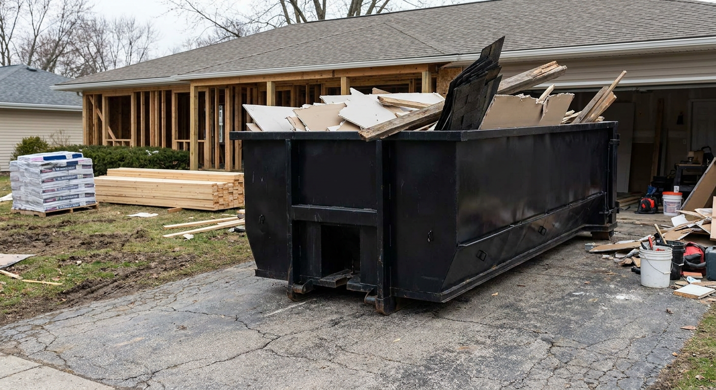 A matte-black 20-yard roll-off dumpster placed alongside a mid-renovation Waterbury home directly on the asphalt driveway, with framing materials and torn-off shingles staged neatly nearby.