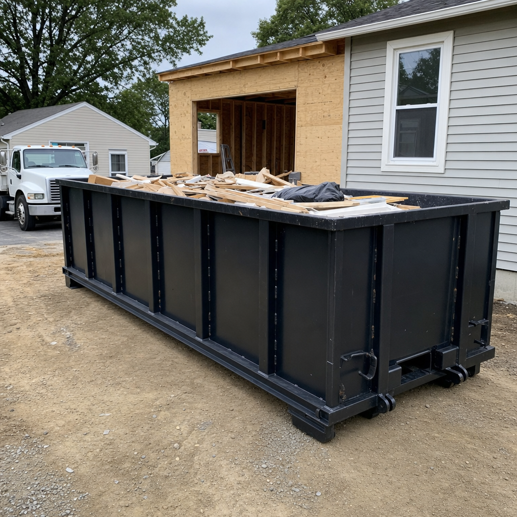 A matte-black 30-yard roll-off dumpster positioned at a Waterbury residential addition jobsite, with framing lumber and drywall scraps loaded through the open swinging rear doors.