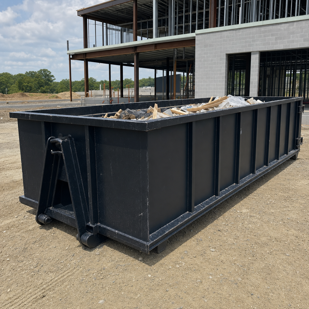 A matte-black 40-yard roll-off dumpster staged on a large Waterbury commercial construction lot, with a hooklift delivery truck parked alongside under bright midday sky.