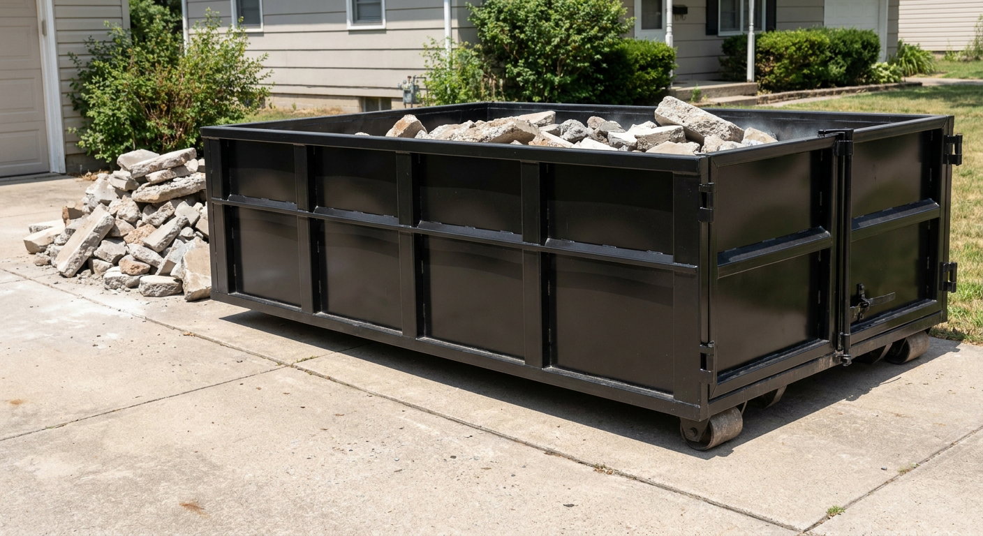 A matte-black low-side heavy-debris roll-off dumpster placed directly on a Waterbury concrete driveway, with broken concrete chunks neatly stacked beside it under clean daylight.